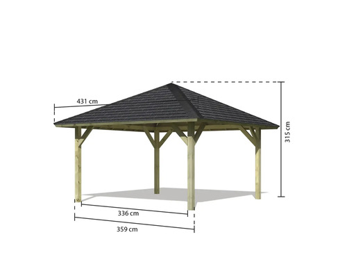 Holzpavillon mit Dach und Maßangaben