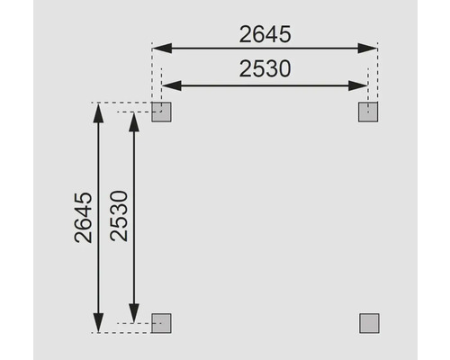 Maße des Fundaments: 2645 mal 2645 Millimeter und 2530 mal 2530 Millimeter