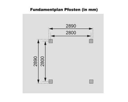 Fundamentplan Pfosten mit Maßangaben in Millimeter