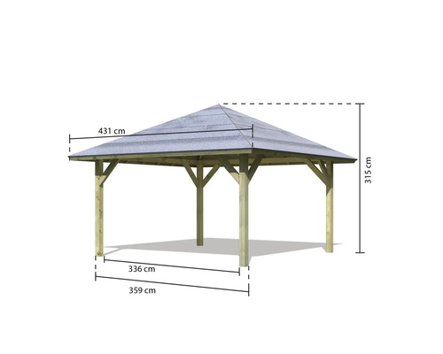 Abmessungen eines Pavillons mit Holzbalken und Dach