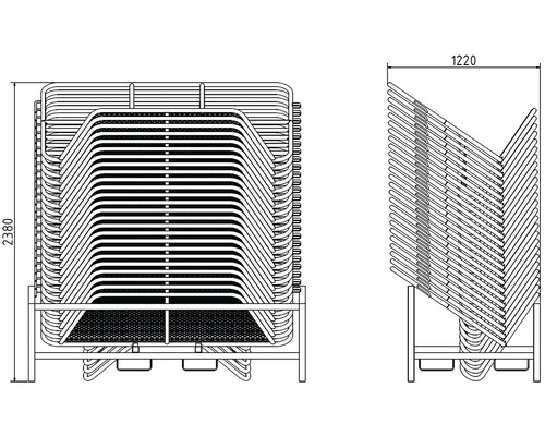 Dessin technique de chaises de jardin empilées avec dimensions