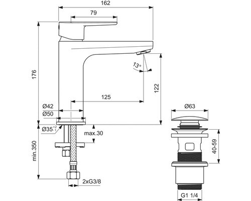 Technische Zeichnung eines Wasserhahns mit Abmessungen und Details zur Installation