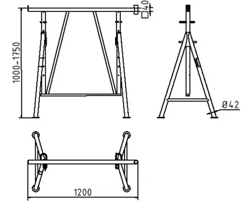 Dessin technique d''un tréteau de travail réglable en hauteur avec dimensions.