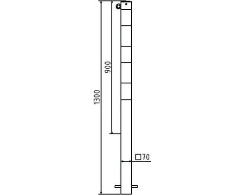 Dessin technique d''un poteau avec des dimensions de 1300 mm de hauteur totale, 900 mm jusqu''à la première étagère et 70 mm d''épaisseur de poteau