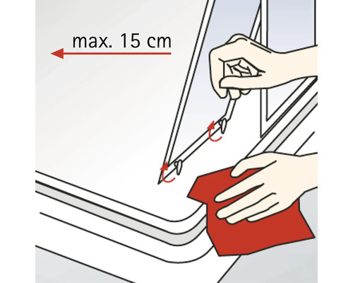 Illustration zum Anbringen eines Insektenschutzgitters mit maximal 15 Zentimetern Abstand