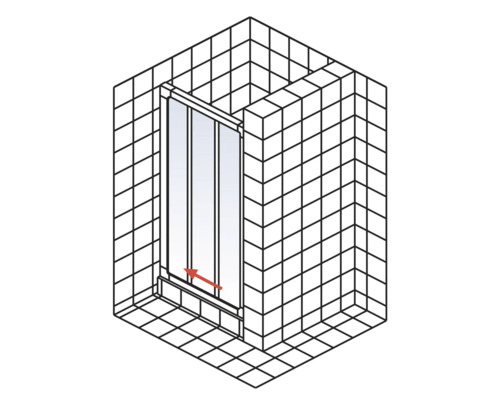 Illustration einer Duschkabine mit Schiebetür und roten Markierungen für die Türbreite