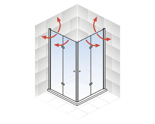 Cabine de douche d''angle avec flèches rouges illustrant l''étanchéité
