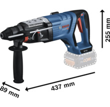 Marteau perforateur Bosch avec des dimensions de 437 mm de longueur, 255 mm de hauteur et 89 mm de largeur.