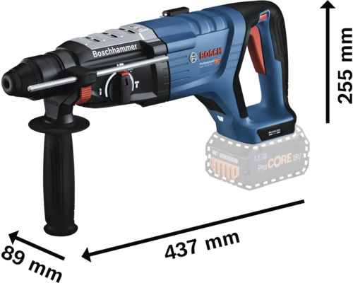 Marteau perforateur Bosch avec des dimensions de 437 mm de longueur, 255 mm de hauteur et 89 mm de largeur.