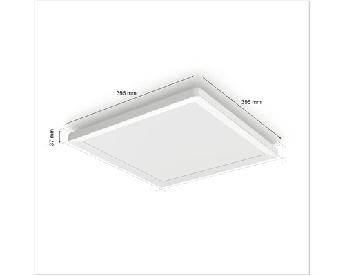 Quadratische LED Deckenleuchte mit den Maßen 395 mm x 395 mm x 37 mm.