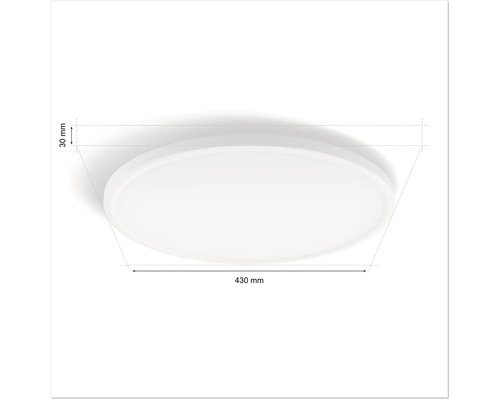 Runde Deckenleuchte mit den Maßen 430 mal 30 Millimeter.