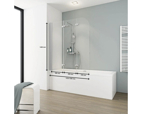 Badewanne mit Duschwand und Maßangaben