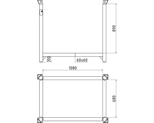 Technische Zeichnung eines Metallregals mit Maßangaben