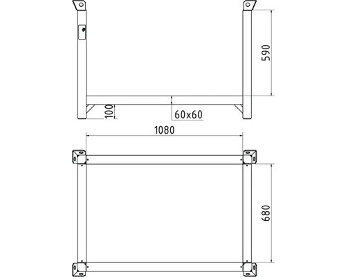 Technische Zeichnung eines Metallregals mit Maßangaben