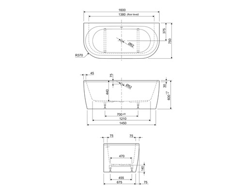 Technische Zeichnung einer Badewanne mit Maßangaben