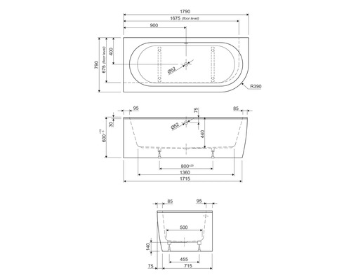 Technische Zeichnung einer Badewanne mit Maßen