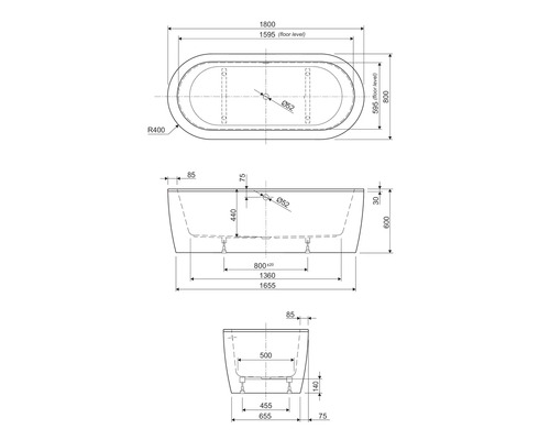 Schéma technique d''une baignoire avec dimensions