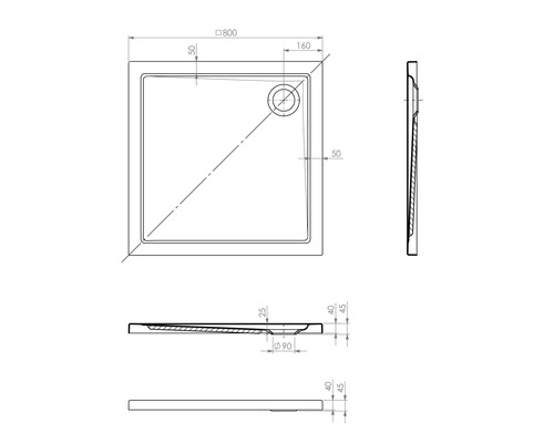 Schéma technique d''un receveur de douche carré avec dimensions