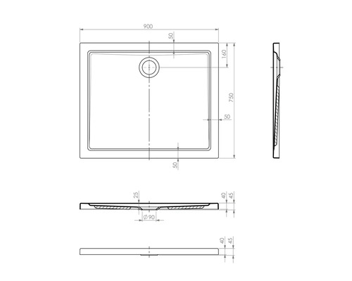 Technische Zeichnung einer Duschwanne mit Maßangaben