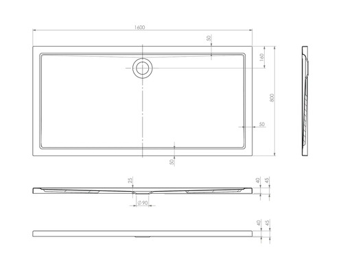 Technische Zeichnung einer Duschwanne mit Maßen 1600 x 800 mm.