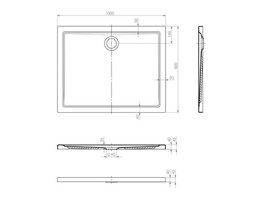 Dessin technique d''un receveur de douche avec dimensions