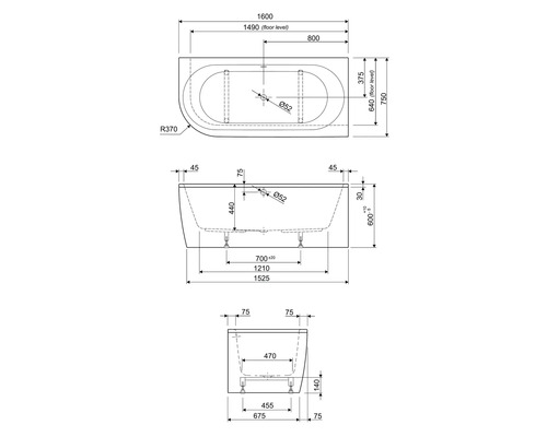 Schéma technique d''une baignoire avec dimensions