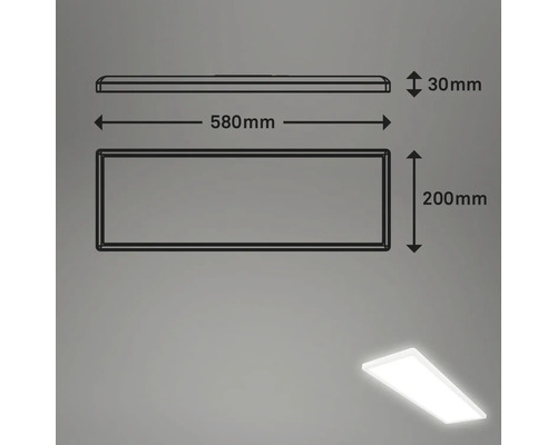Schéma technique d''une lampe LED avec des dimensions de 580 mm de longueur, 200 mm de largeur et 30 mm de hauteur.