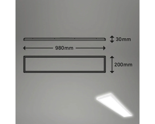 Schéma technique d''un panneau lumineux LED avec des dimensions de 980 mm de long, 200 mm de large et 30 mm de haut.