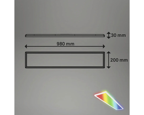 Schéma technique d''une lampe LED mesurant 980 mm de long, 200 mm de large et 30 mm de haut.