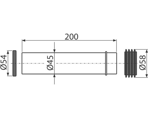 Technische Zeichnung eines Rohres mit den Durchmessern 54 mm und 45 mm sowie einer Länge von 200 mm.