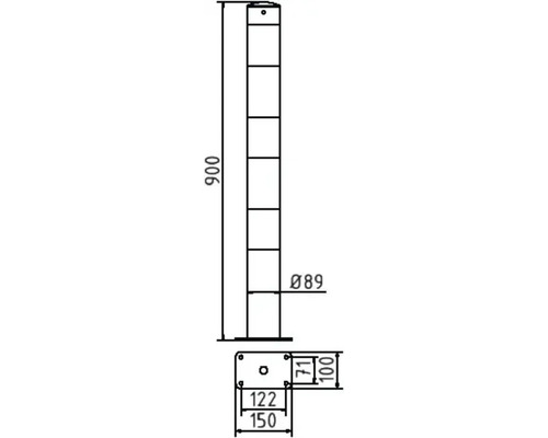 Schéma technique d''un poteau en acier mesurant 900 mm de haut et 89 mm de diamètre.