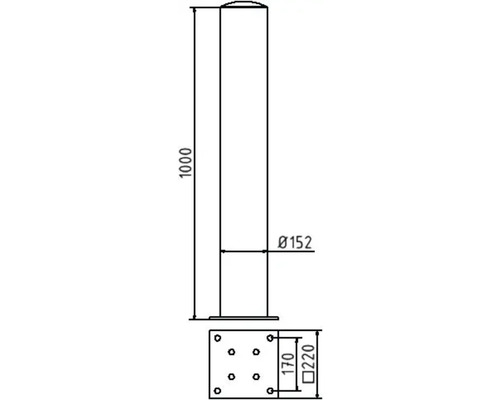 Technische Zeichnung eines Absperrpfostens mit Maßangaben