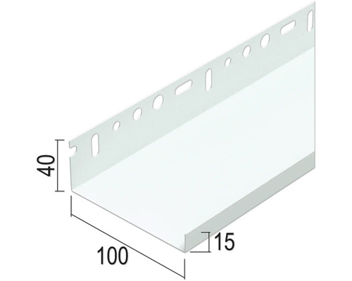 Une cornière perforée blanche mesurant 100 x 40 x 15 millimètres.