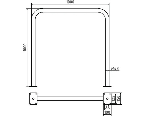 Technische Zeichnung eines Anlehnbügels mit Maßangaben