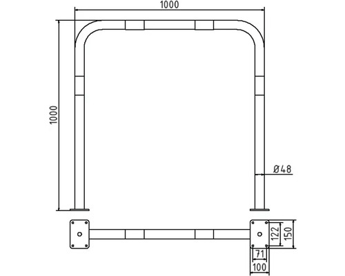 Dessin technique d''un arceau d''appui avec des cotes en millimètres