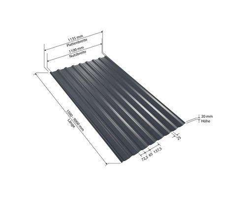Tôle profilée avec indications de dimensions pour la largeur, la longueur et la hauteur