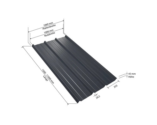 Tôle profilée avec indications de dimensions pour la longueur, la largeur et la hauteur.