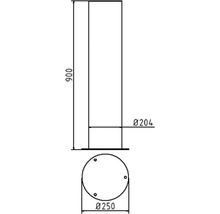 Dessin technique d''un cylindre avec des dimensions de 900 mm de hauteur, 204 mm de diamètre supérieur et 250 mm de diamètre inférieur.