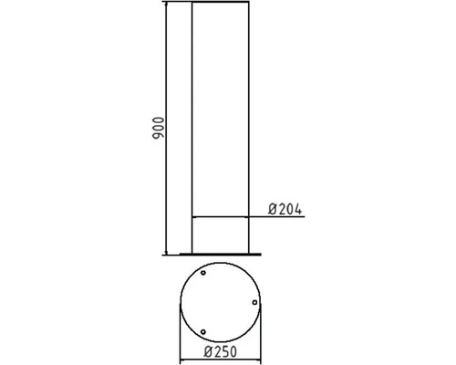 Dessin technique d''un cylindre avec des dimensions de 900 mm de hauteur, 204 mm de diamètre supérieur et 250 mm de diamètre inférieur.
