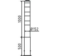 Technische Zeichnung eines Pollers mit den Maßen 1000 mm Höhe, 152 mm Durchmesser und 500 mm Sockelhöhe.