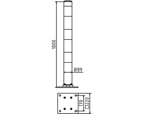 Dessin technique d''un poteau de barrage avec indications de dimensions.