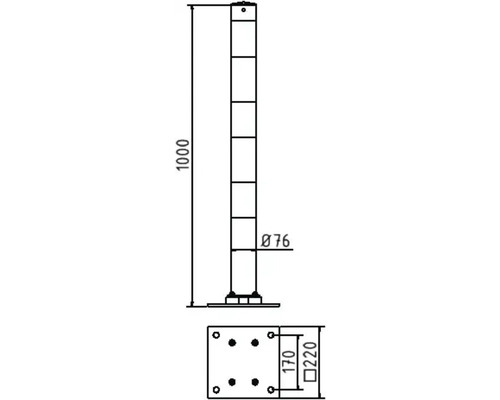 Technische Zeichnung eines Sperrpfostens mit Maßen