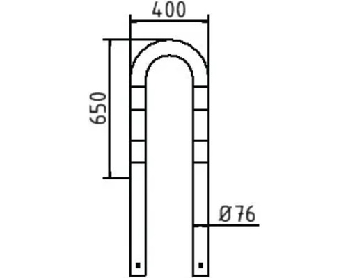 Dessin technique d''un étrier en U avec des dimensions de 400 et 650 millimètres et un diamètre de 76 millimètres.
