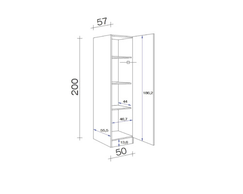 Technische Zeichnung eines Hochschranks mit Maßangaben
