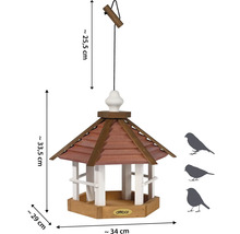 Mangeoire à oiseaux avec toit marron et détails blancs, à suspendre