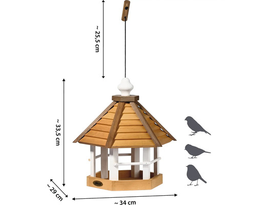 Mangeoire à oiseaux en bois avec suspension et dimensions