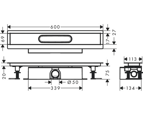 Technische Zeichnung einer Duschrinne mit Maßangaben