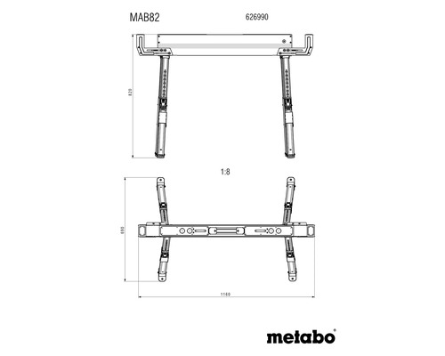Technische Zeichnung des Metabo Maschinentisches MAB 82 mit Maßangaben