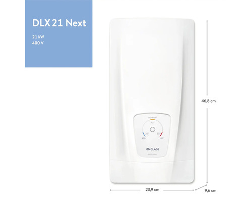 Clage DLX 21 Next Durchlauferhitzer mit den Maßen 46,8 x 23,9 x 9,6 cm.