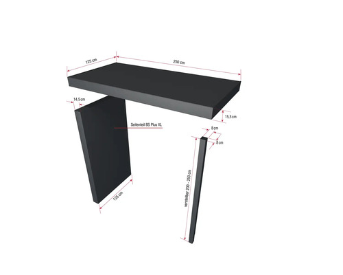 Représentation d''un panneau latéral de lavabo BS Plus XL de 125 x 14,5 cm, d''un plan de lavabo de 250 x 125 x 15,5 cm et d''une console de lavabo réglable de 200 à 250 x 8 x 8 cm.